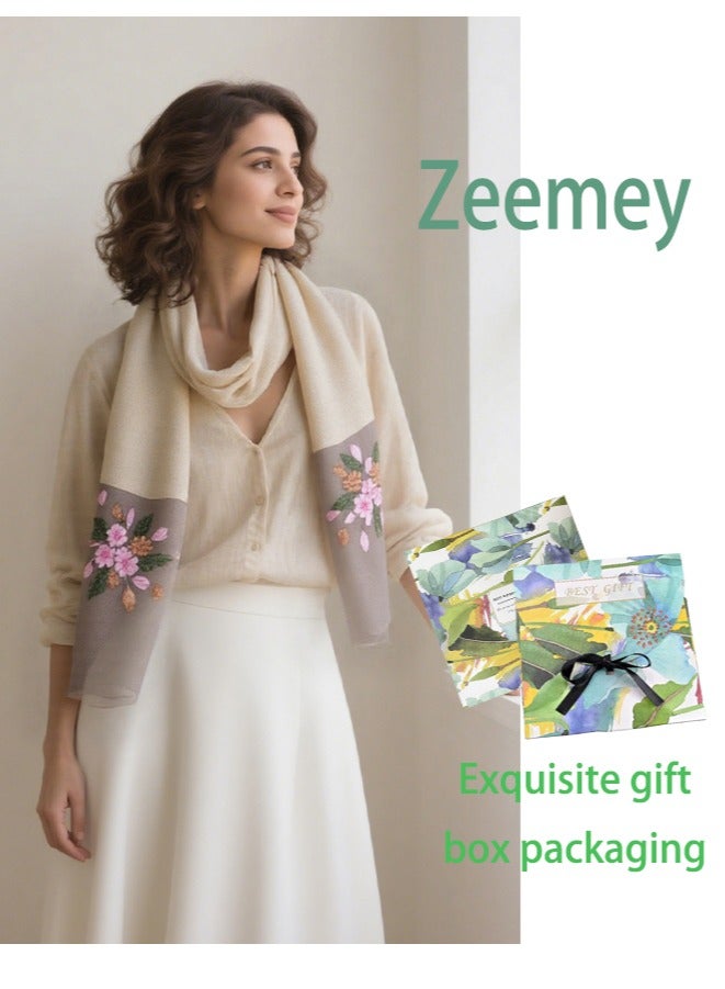 Zeemey Women's beige and light khaki embroidered silk scarf, soft material with delicate pink and gold floral embroidery, exquisite and elegant, can be used as a scarf or shawl, showing a gentle temperament, 200*70cm - Image 1