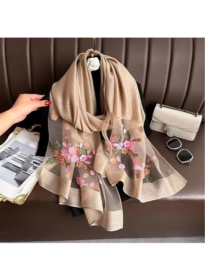 Zeemey Women's beige and light khaki embroidered silk scarf, soft material with delicate pink and gold floral embroidery, exquisite and elegant, can be used as a scarf or shawl, showing a gentle temperament, 200*70cm - Image 2