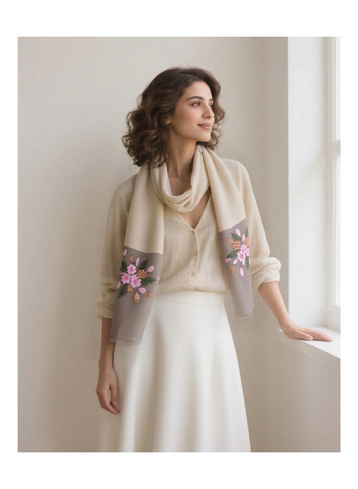 Zeemey Women's beige and light khaki embroidered silk scarf, soft material with delicate pink and gold floral embroidery, exquisite and elegant, can be used as a scarf or shawl, showing a gentle temperament, 200*70cm - Image 5