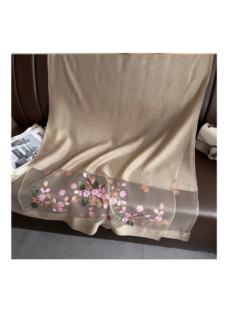 Zeemey Women's beige and light khaki embroidered silk scarf, soft material with delicate pink and gold floral embroidery, exquisite and elegant, can be used as a scarf or shawl, showing a gentle temperament, 200*70cm - Image 3