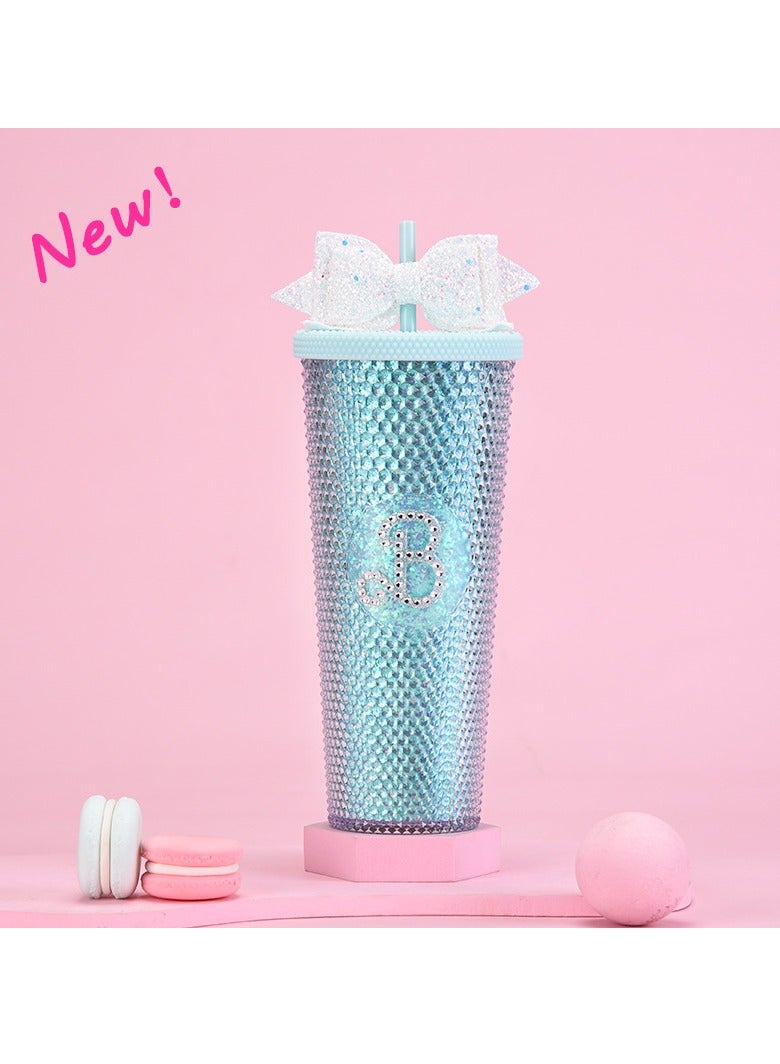 زد Double straw cup 710ml transparent gold onion mint green B (stick diamond)- bow 