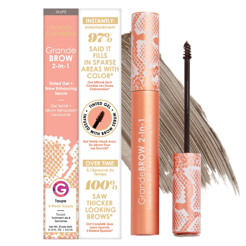 Grande Cosmetics GrandeBROW 2-in-1 Tinted Brow Gel + Brow Enhancing Serum for Thicker & Darker-Looking Eyebrows, Shape & Fill Brows, with Castor Oil & Mini Fibers - Taupe, Full Size (0.12 fl oz) - Image 1