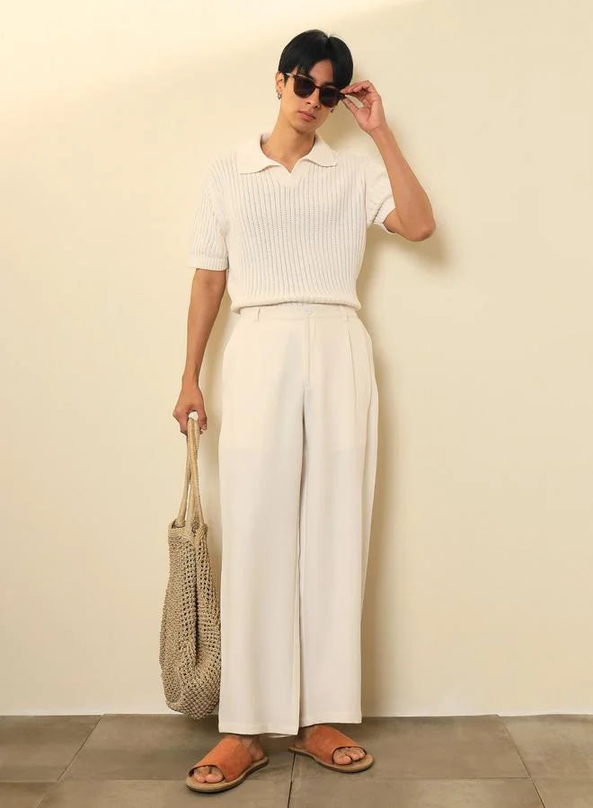 ساسافراس Men White Double-Pleated Basic Korean Pants