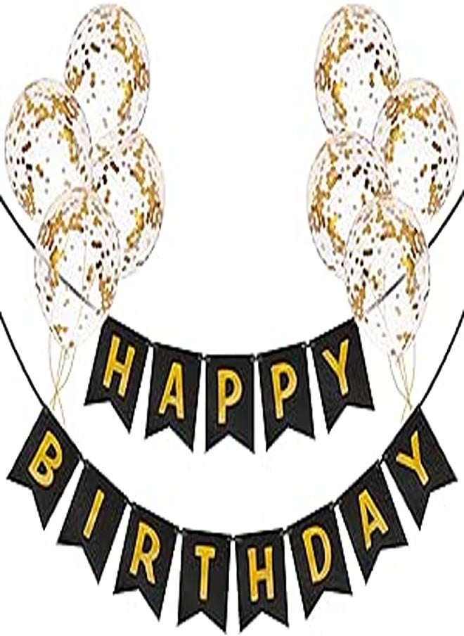 Pre-assembled Happy Birthday Banner with Confetti Balloons | Birthday Bunting | Birthday Decoration for Men and Boys | Black Birthday Banner with Gold Balloons and Balloon Ribbon 