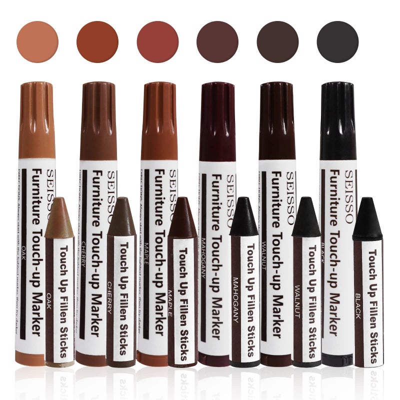 SEISSO Furniture Repair kit, Wood Scratch Cover Markers*6 and Wax Filler Sticks*6 with Sharpener- 13Pack, Furniture Markers Touch Up Kit for Cover Ups Wooden Floors, Tables, Desks, Carpenters, Stains - Image 1