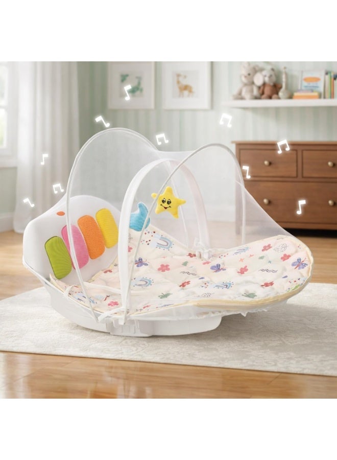 BAYBEE 4 in 1 Baby Play Gym & Rocker for Babies | Portable Baby Playgym for New Born with Rocking Function, Mosquito net, Lights, Music & Toys | Indoor Activity Baby Rocker for 0 to 24 Months Boys Girls Beige - Image 1