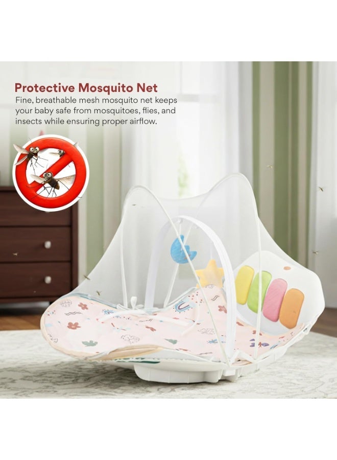 BAYBEE 4 in 1 Baby Play Gym & Rocker for Babies | Portable Baby Playgym for New Born with Rocking Function, Mosquito net, Lights, Music & Toys | Indoor Activity Baby Rocker for 0 to 24 Months Boys Girls Beige - Image 4