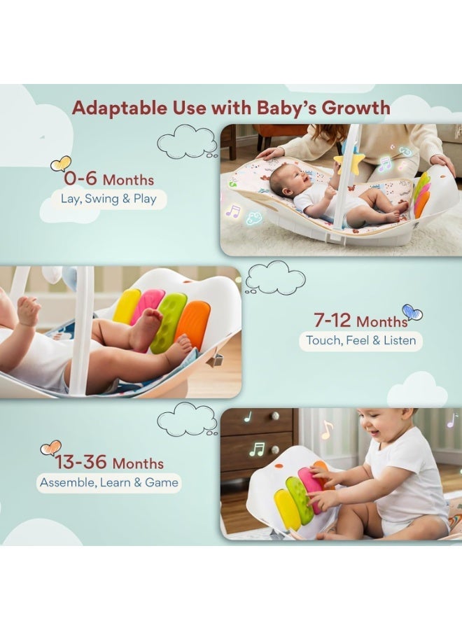 BAYBEE 4 in 1 Baby Play Gym & Rocker for Babies | Portable Baby Playgym for New Born with Rocking Function, Mosquito net, Lights, Music & Toys | Indoor Activity Baby Rocker for 0 to 24 Months Boys Girls Beige - Image 3
