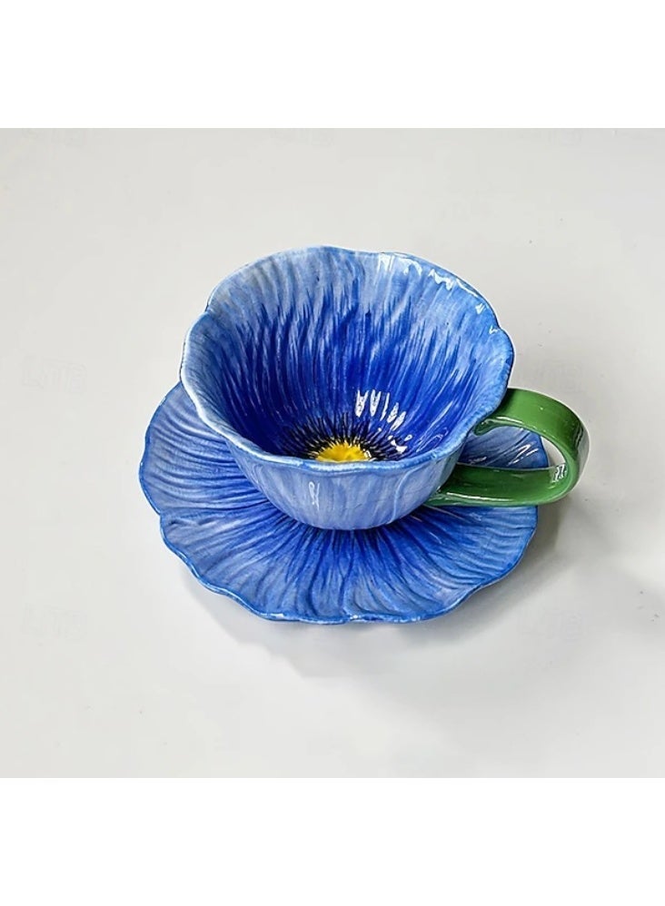 لاتين كوب قهوة سيراميك مزين بالزهور مع صحن، كوب قهوة مبتكر، كوب شاي سيراميك للقهوة، شاي الحليب، لاتيه، زبادي، 300 مل - Image 1