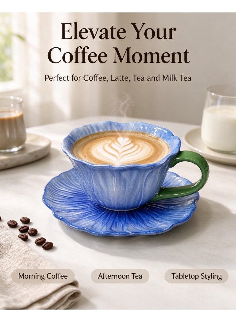 LATEEN Ceramic Flower Coffee Mug with Saucer,Creative Coffee Cup,Ceramic Tea Cup Mug for Coffee Milk Tea Latte Yogurt 300ml - Image 1