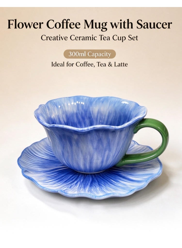 LATEEN Ceramic Flower Coffee Mug with Saucer,Creative Coffee Cup,Ceramic Tea Cup Mug for Coffee Milk Tea Latte Yogurt 300ml - Image 2