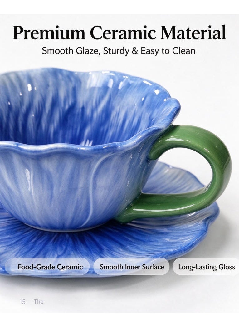 LATEEN Ceramic Flower Coffee Mug with Saucer,Creative Coffee Cup,Ceramic Tea Cup Mug for Coffee Milk Tea Latte Yogurt 300ml - Image 5