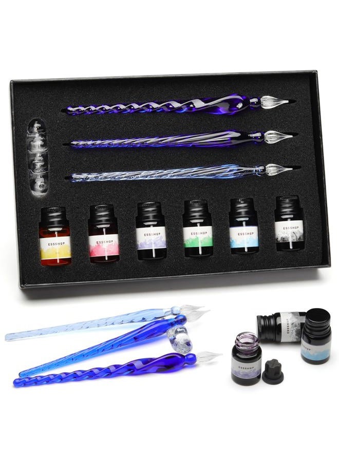 ESSSHOP 3 Blue Glass Calligraphy Pens Crystal Glass Dip Pen and Color Ink Pen Holder Set Art Supplies for Signatures, Beginners Journaling Lettering Drawing Holiday Gift Decoration - Image 1