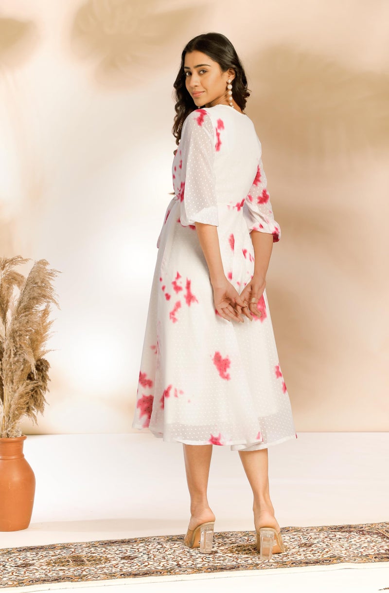 Janasya Women's Off White Dobby Georgette Tie-Dye Fit & Flare Dress(JNE4388-DR-XXL) - Image 5