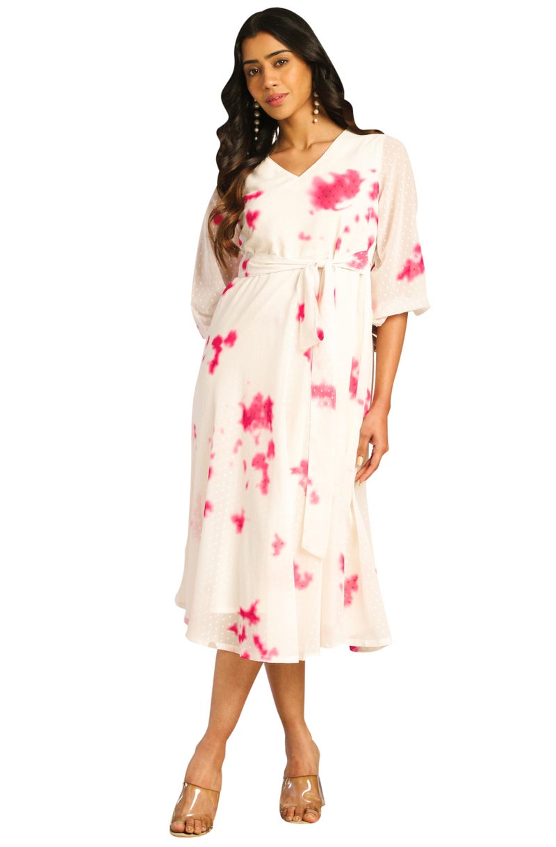 Janasya Women's Off White Dobby Georgette Tie-Dye Fit & Flare Dress(JNE4388-DR-XXL) - Image 1