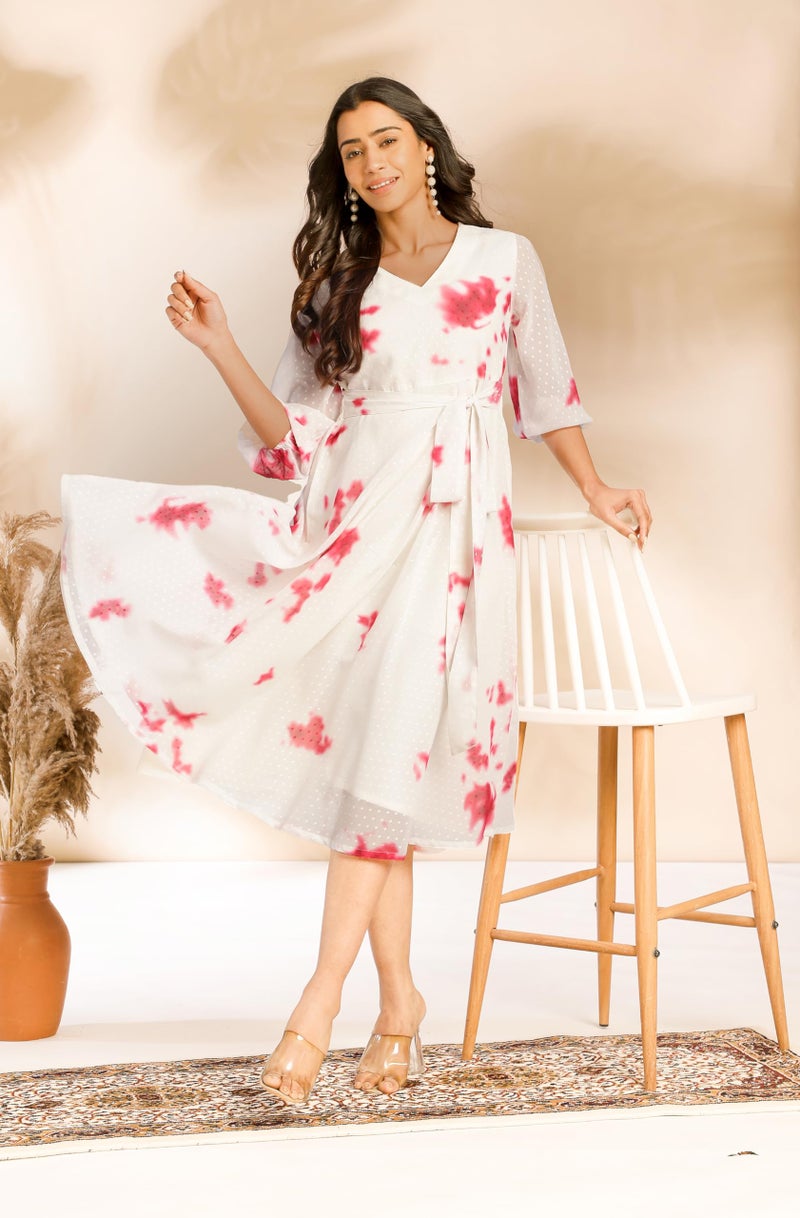 Janasya Women's Off White Dobby Georgette Tie-Dye Fit & Flare Dress(JNE4388-DR-XXL) - Image 2