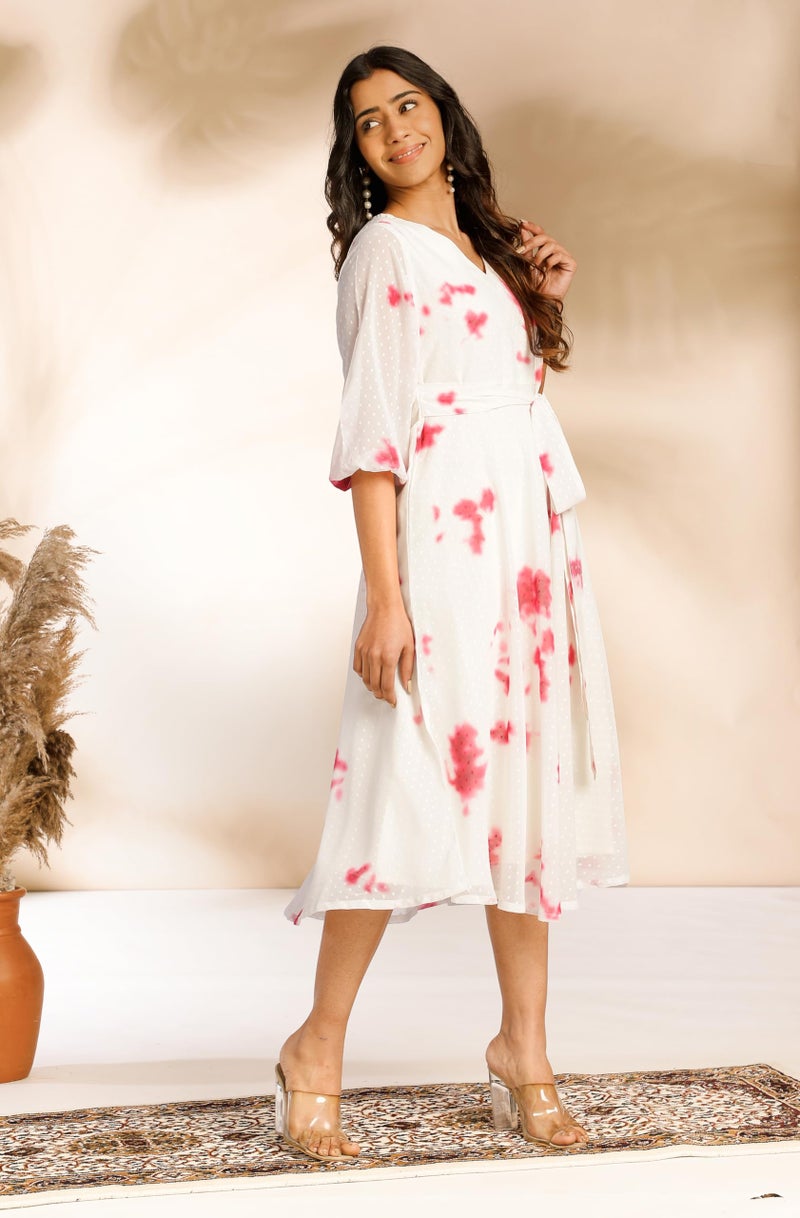 Janasya Women's Off White Dobby Georgette Tie-Dye Fit & Flare Dress(JNE4388-DR-XXL) - Image 4