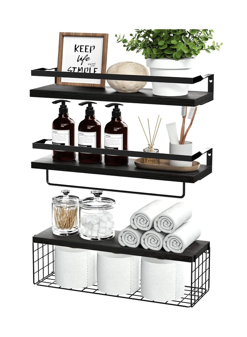 XiuWoo Floating Shelves with Storage Basket, Over Toilet Paper Holder Storage Shelves, Wall Mounted Rustic Wood Shelves for Bathroom, Bedroom, Living Room, Kitchen - Image 1