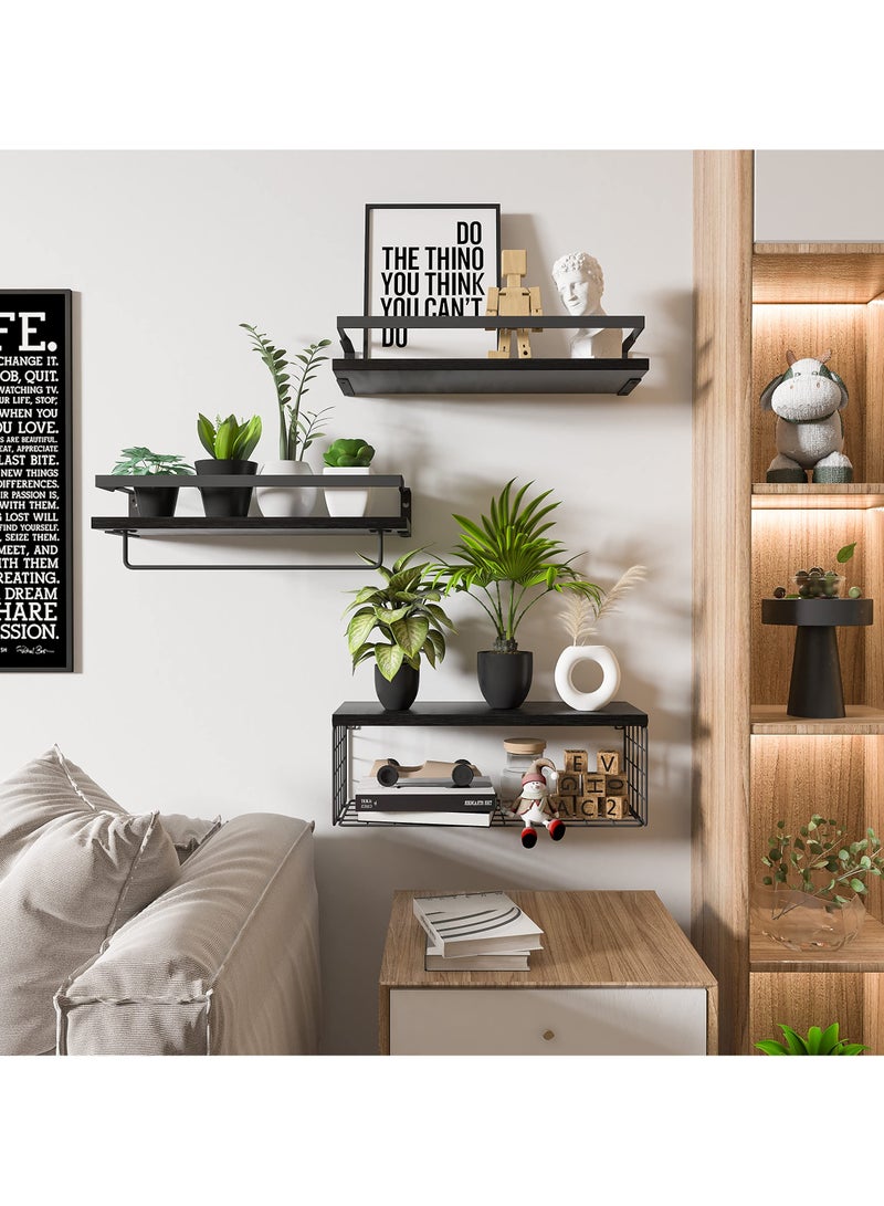 XiuWoo Floating Shelves with Storage Basket, Over Toilet Paper Holder Storage Shelves, Wall Mounted Rustic Wood Shelves for Bathroom, Bedroom, Living Room, Kitchen - Image 4