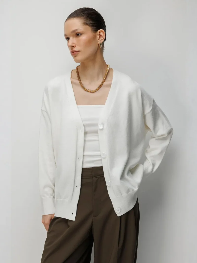 ميكسراي MIXRAY Long Ribbed Knitwear Cardigan with V-neck and Button Closure