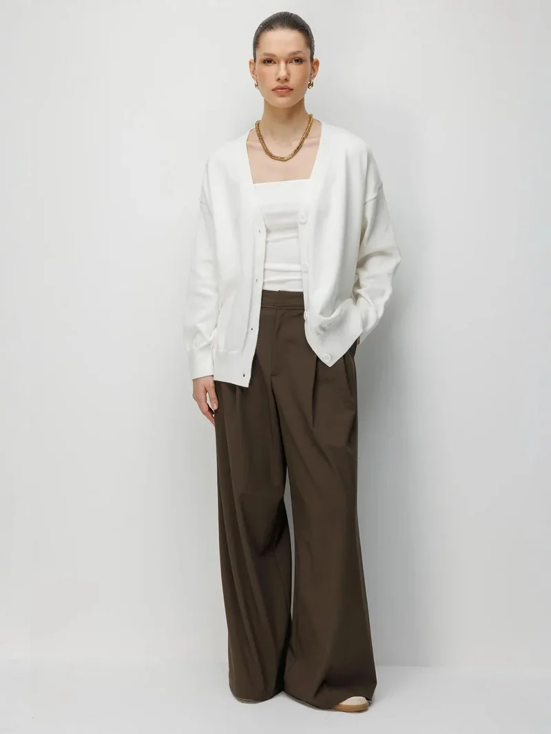 ميكسراي MIXRAY Long Ribbed Knitwear Cardigan with V-neck and Button Closure