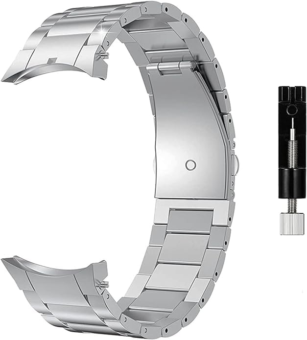 Meyaar No Gaps Heavy Metal Stainless Steel Bands Compatible with Samsung Galaxy Watch 6/5/4 Band 40mm/44mm Galaxy Watch 6/4 Classic Band 42/43/46/47mm Galaxy Watch 5 Pro 45mm Replacement Strap Women Men (Silver Steel Strap + Adjustable Tool) - Image 1
