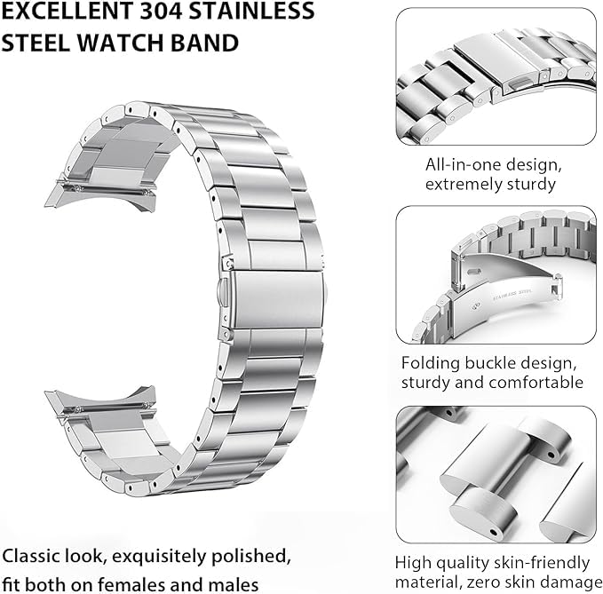 Meyaar No Gaps Heavy Metal Stainless Steel Bands Compatible with Samsung Galaxy Watch 6/5/4 Band 40mm/44mm Galaxy Watch 6/4 Classic Band 42/43/46/47mm Galaxy Watch 5 Pro 45mm Replacement Strap Women Men (Silver Steel Strap + Adjustable Tool) - Image 4