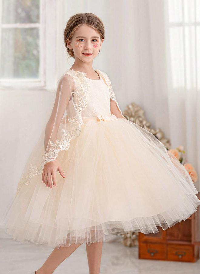 Take Two Girls Lace Contrast Mesh Cloak Party Dress - Image 5