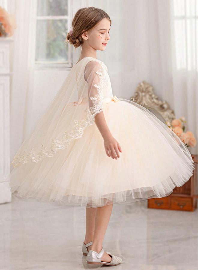 Take Two Girls Lace Contrast Mesh Cloak Party Dress - Image 4