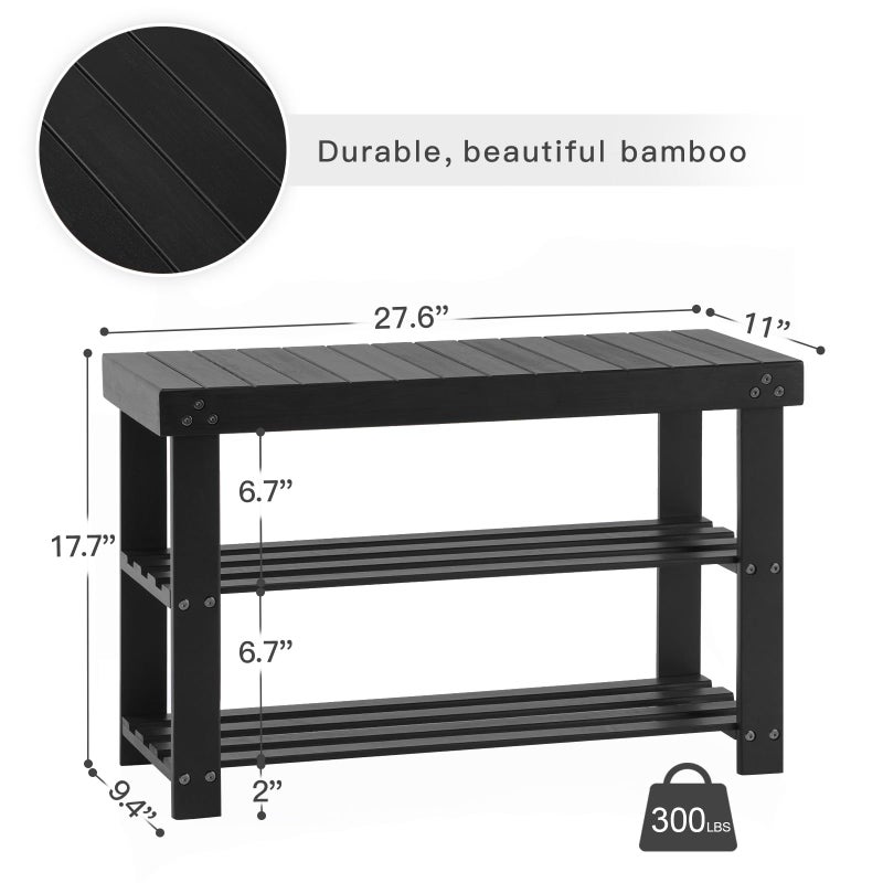 Apicizon Bamboo Shoe Rack for Entryway, 3-Tier Shoe Rack Bench for Front Door Entrance, Small Shoe Organizer with Storage, Black - Image 2