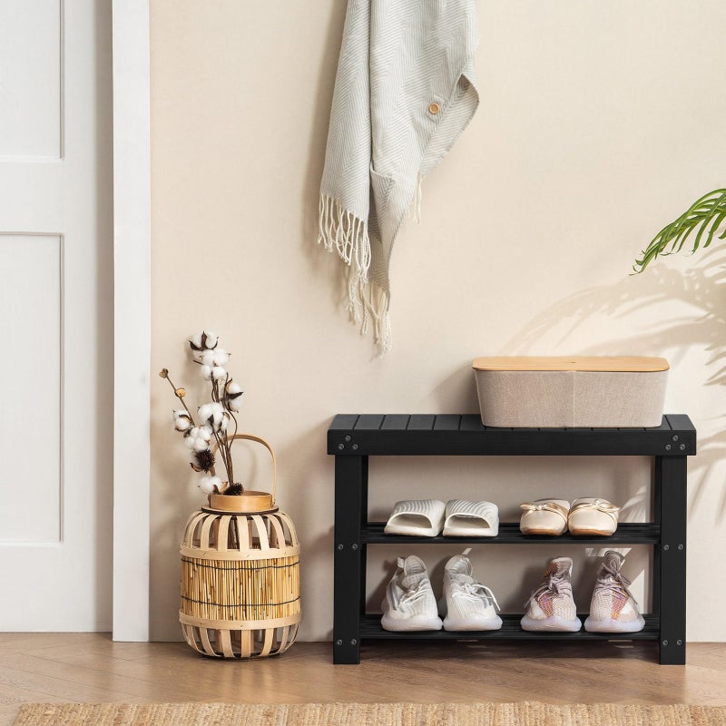 Apicizon Bamboo Shoe Rack for Entryway, 3-Tier Shoe Rack Bench for Front Door Entrance, Small Shoe Organizer with Storage, Black - Image 3