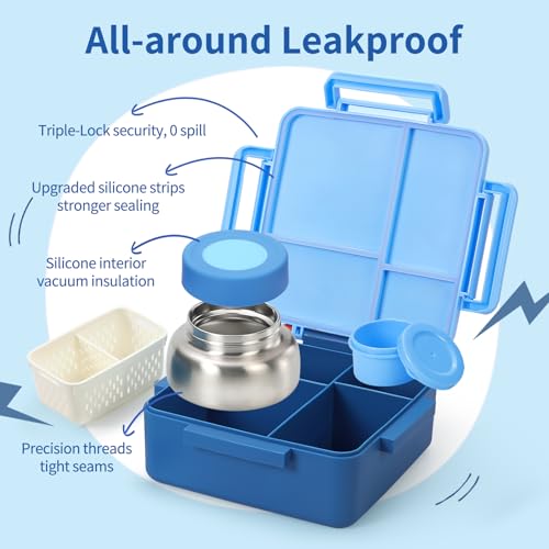 Norxely Bento Box for Kids with Thermos, [Large Capacity] Insulated Kids Lunch Box with 4 Compartment for Ages 3+, Drop-Proof & Dishwasher Safe Lunchbox Container Blue - Image 5