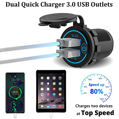 Qidoe QC3.0 Dual USB 12V Outlet with Touch Switch: 12 Volt Marine Socket Golf Cart USB Port DC Car Charger Waterproof Power Adapter Cigarette Lighter Mount Fast Charge for Boat Motorcycle ATV RV - Image 2