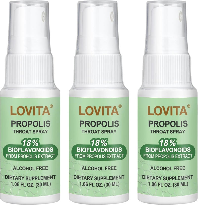 Lovita بخاخ الحلق لوفيتا من بروبوليس النحل 18 بيوفلافونويد خالي من الكحول دعم المناعة تهدئة الحلق طعم لطيف 1 أونصة سائلة عبوة من 3 - Image 1