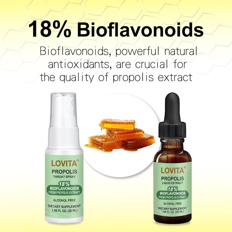 Lovita بخاخ الحلق لوفيتا من بروبوليس النحل 18 بيوفلافونويد خالي من الكحول دعم المناعة تهدئة الحلق طعم لطيف 1 أونصة سائلة عبوة من 3 - Image 2