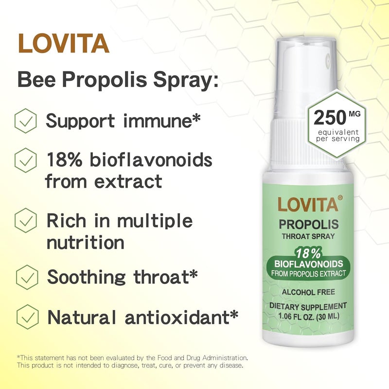 Lovita بخاخ الحلق لوفيتا من بروبوليس النحل 18 بيوفلافونويد خالي من الكحول دعم المناعة تهدئة الحلق طعم لطيف 1 أونصة سائلة عبوة من 3 - Image 3