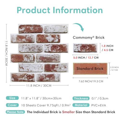 Commomy Faux Brick Peel and Stick Wall Panels - 10 pcs 11.8”x 11.8”Small Size PVC Whitewash Red Brick Wallpaper Tile Backsplash for Kitchen,Bedroom,Living Room,Fireplace,Interior Decor ﻿ - Image 4