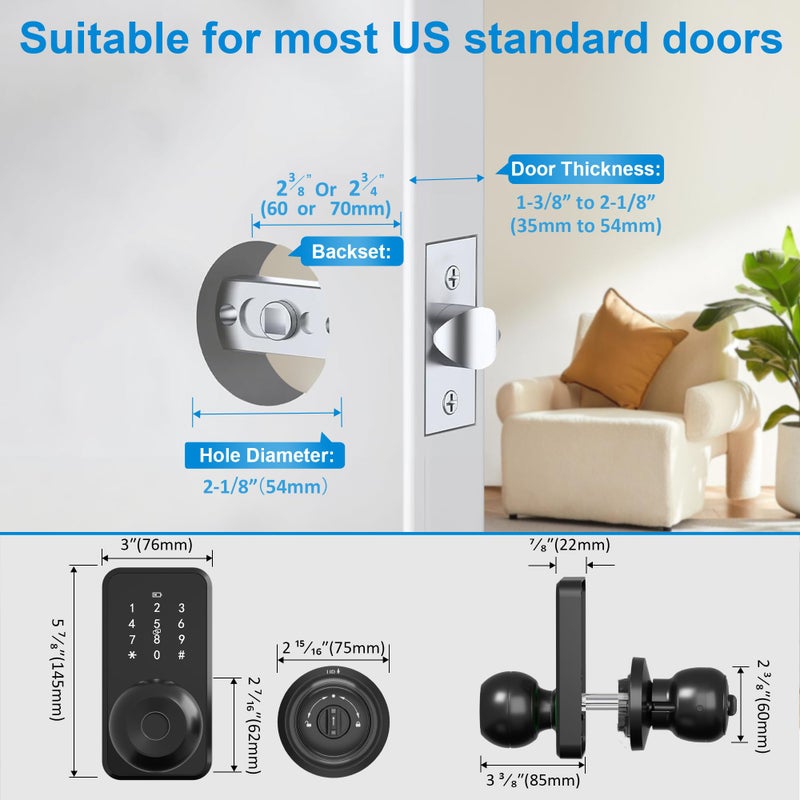 Linkthai Smart Door Lock with Knob, LinkThai Keyless Entry Fingerprint Lock with Touchscreen Keypad, Electronic Knob Digital Lock for Front Door, Easy Installation - Image 4