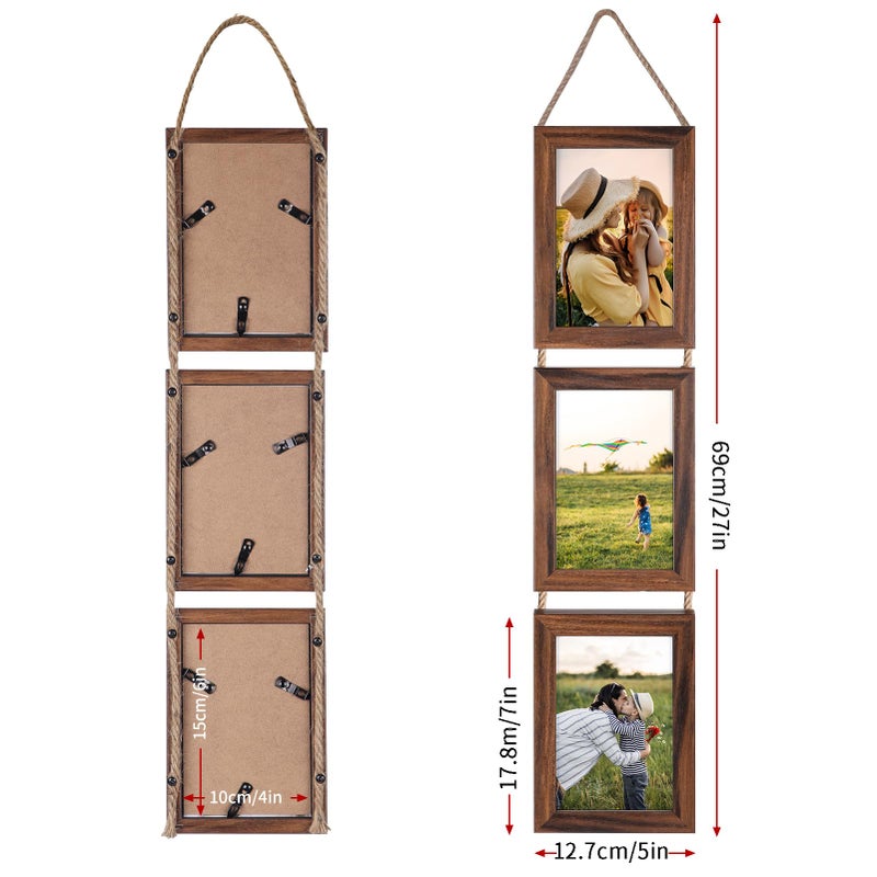 Lavezee 4x6 Collage Triple Picture Frames مجموعة Walnut Brown 6 فتحة معلقة إطارًا رأسيًا مصنوعًا لعرض 4 × 6 بوصات طباعة للديكور الجدار - Image 4