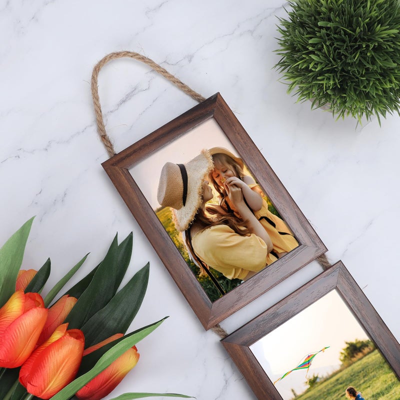 Lavezee 4x6 Collage Triple Picture Frames مجموعة Walnut Brown 6 فتحة معلقة إطارًا رأسيًا مصنوعًا لعرض 4 × 6 بوصات طباعة للديكور الجدار - Image 2