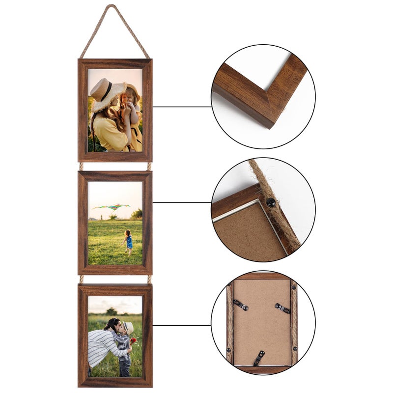 Lavezee 4x6 Collage Triple Picture Frames مجموعة Walnut Brown 6 فتحة معلقة إطارًا رأسيًا مصنوعًا لعرض 4 × 6 بوصات طباعة للديكور الجدار - Image 3