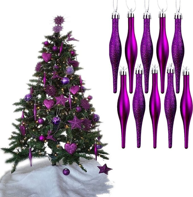 10 DROPLET BAUBLES GREAT CHRISTMAS TREE DECORATION MATTE GLITTER ICICLE BAUBLES DARK PURPLE GLITTER MATTE