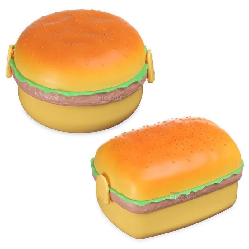 Elecart Unique Burger Shape Kids Tiffin Box 3 Compartment Food Containers with Fork and Spoon Lunch Box Lunch Box Birthday Return Gift Set Tiffin Box for Children Pack of 2 - Image 1