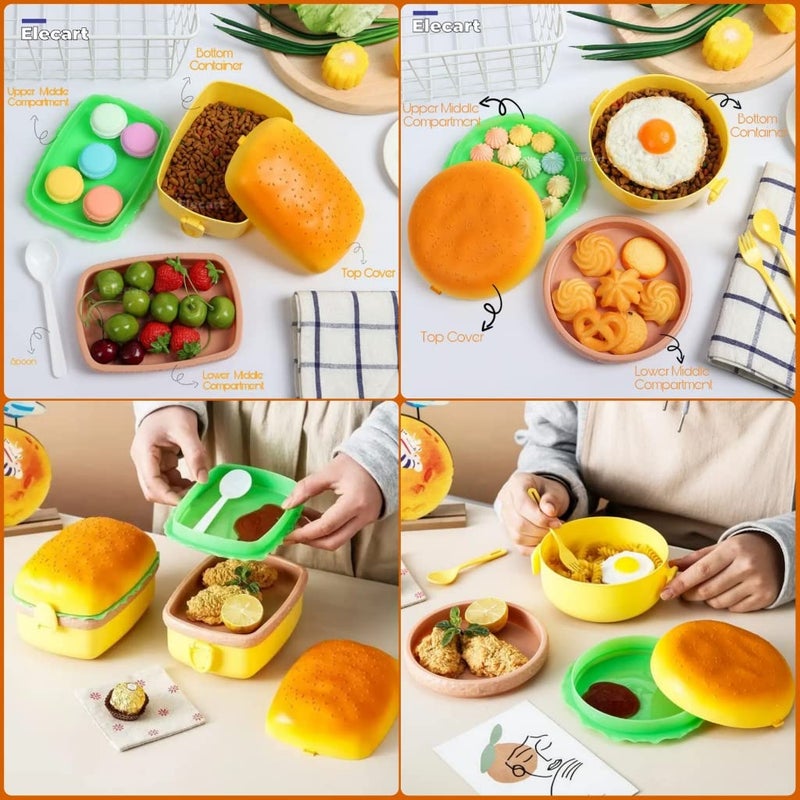 Elecart Unique Burger Shape Kids Tiffin Box 3 Compartment Food Containers with Fork and Spoon Lunch Box Lunch Box Birthday Return Gift Set Tiffin Box for Children Pack of 2 - Image 4