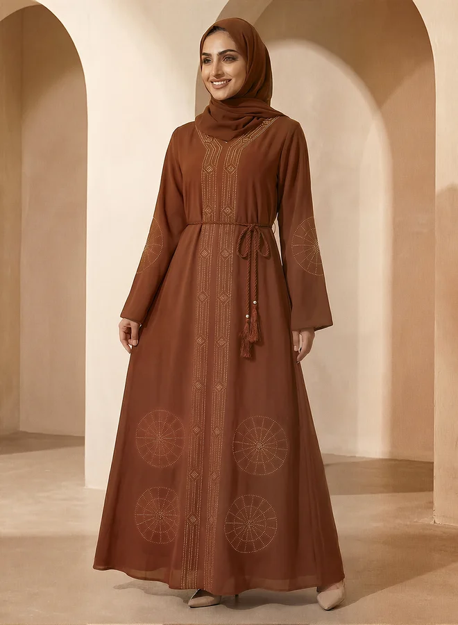 globus Women Brown Embellished Abaya with Hijab