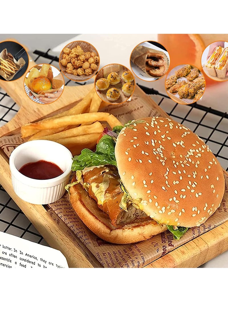Mmmon - 100Pcs Food Wrapping Paper,Deli Greaseproof Baking Basket Liner, Sandwich Papers,Old Newspaper Style Grease Paper for Cake/Cheese/Burger/Sandwich/Bread/Chips Paper,18x18cm - Image 1