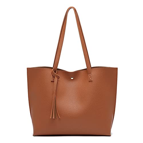Dreubea Women's Soft Faux Leather Tote Shoulder Bag from, Big Capacity Tassel Handbag Russet - Image 1