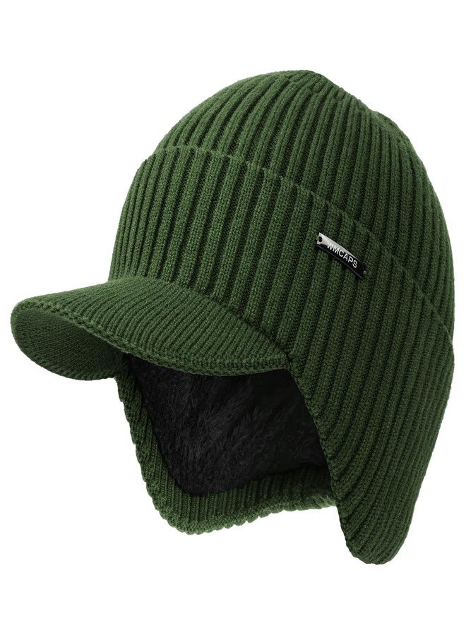 Wmcaps قبعة شتوية من Wmcaps بحافة وأغطية للأذنين، قبعة صوفية دافئة مبطنة بالصوف للرجال والنساء، لون أخضر عسكري، مقاس واحد - Image 1