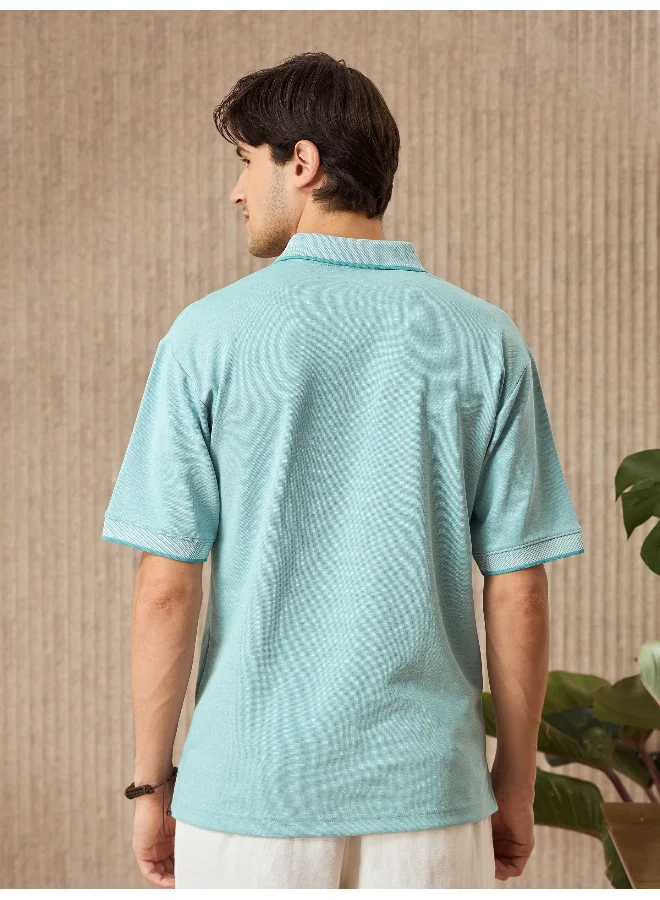 بيونغ Mint Blue Melange Texture Regular Fit Solid Polo Tshirt