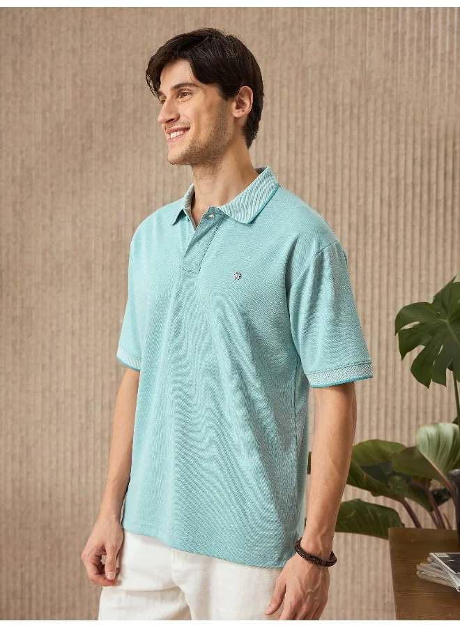 بيونغ Mint Blue Melange Texture Regular Fit Solid Polo Tshirt